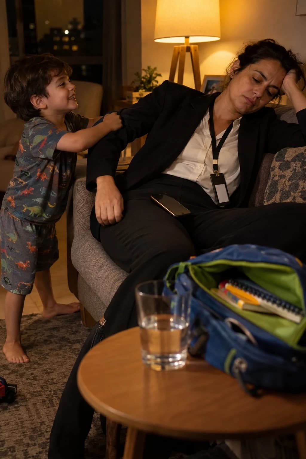 Mãe cansada no sofá, ainda de roupa de trabalho, com o filho puxando o braço dela pra brincar